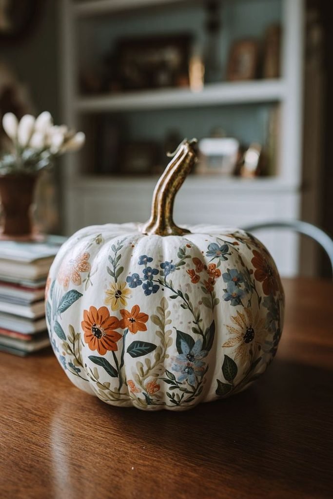 Vintage botanical painted pumpkin with leaves and flowers