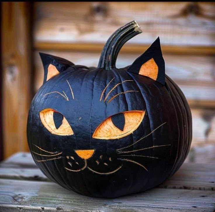 Black cat painted pumpkin on an entryway console