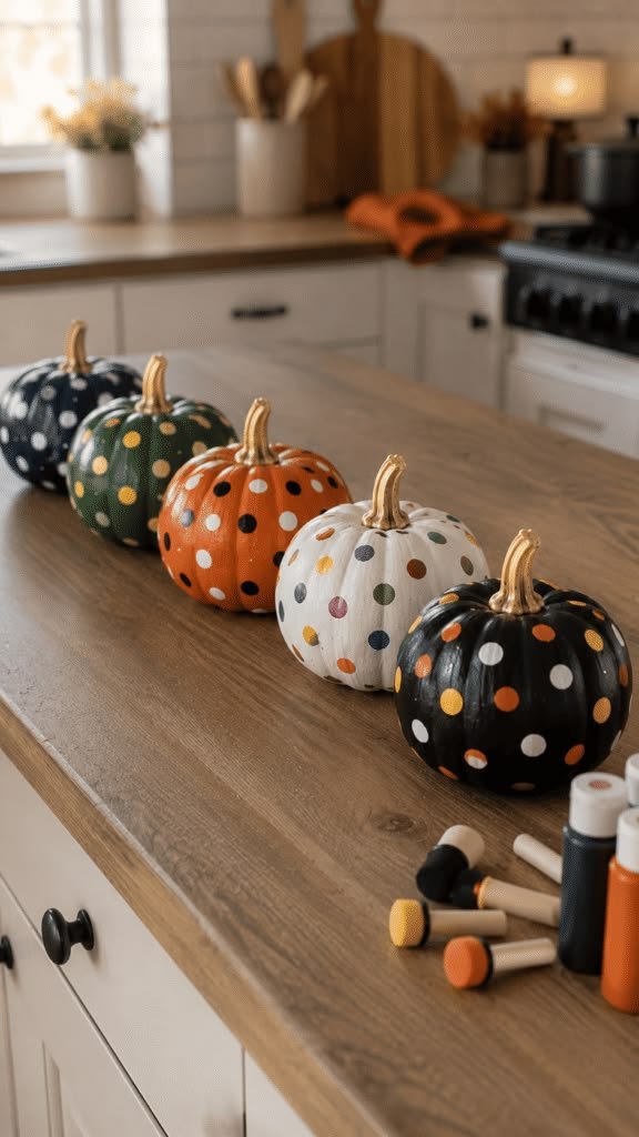 Cream pumpkin with black painted polka dots