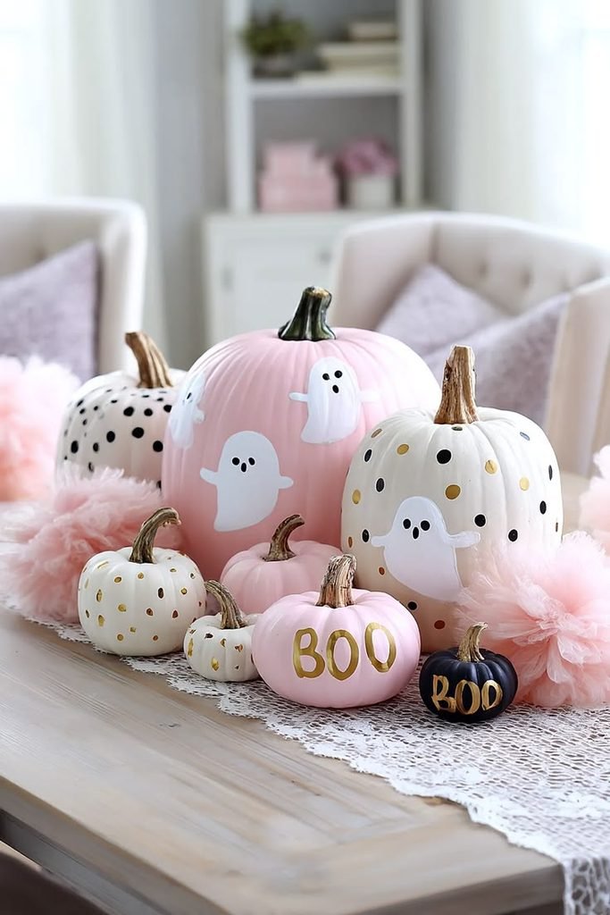 Pastel painted pumpkins with cute Halloween designs