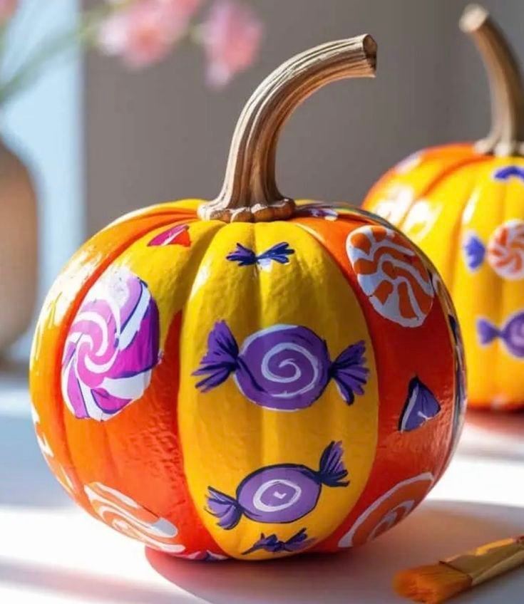 Colorful candy-inspired painted pumpkin for Halloween