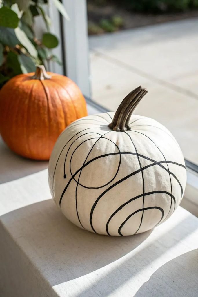 Minimalist line art painted pumpkin with moon and ghost