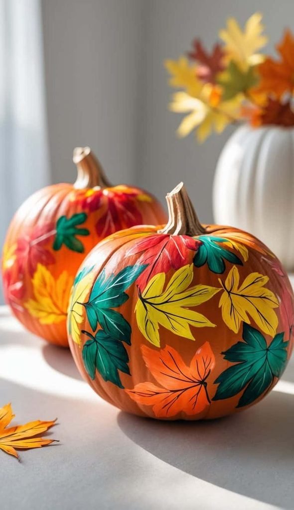 Fall leaf painted pumpkin in warm autumn colors