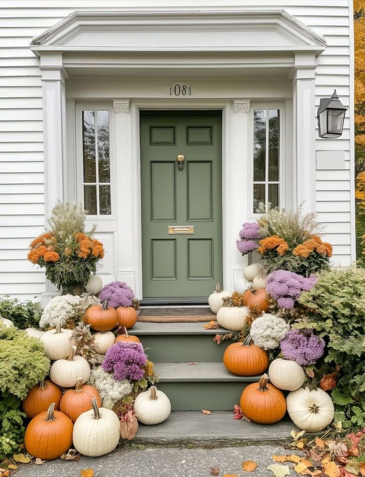 Layered pumpkins and gourds beside a fall porch decor front door