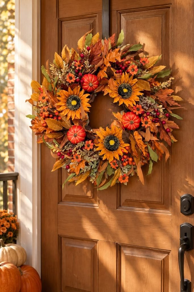 Natural fall wreath with dried leaves and flowers on a front door