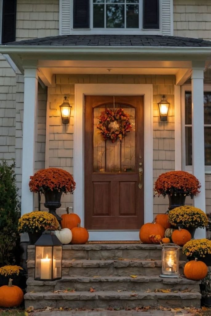 Fall porch steps decorated with mums and pumpkins
