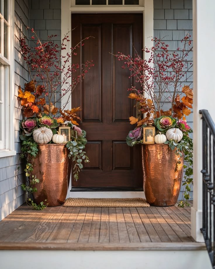 Large fall planters framing a front door