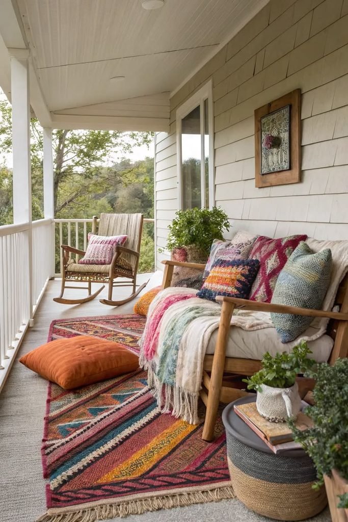 Cozy fall porch seating with a plaid throw and pumpkins