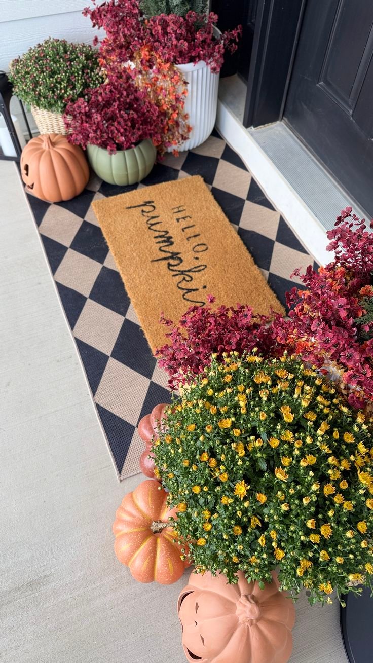 Layered doormats and pumpkins at a fall front door