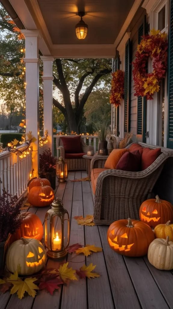 Warm lanterns and pumpkins on a fall porch