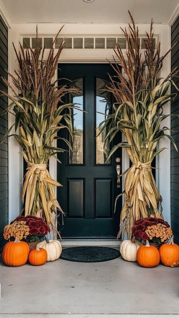Tall dried corn stalks and pumpkins on a fall porch