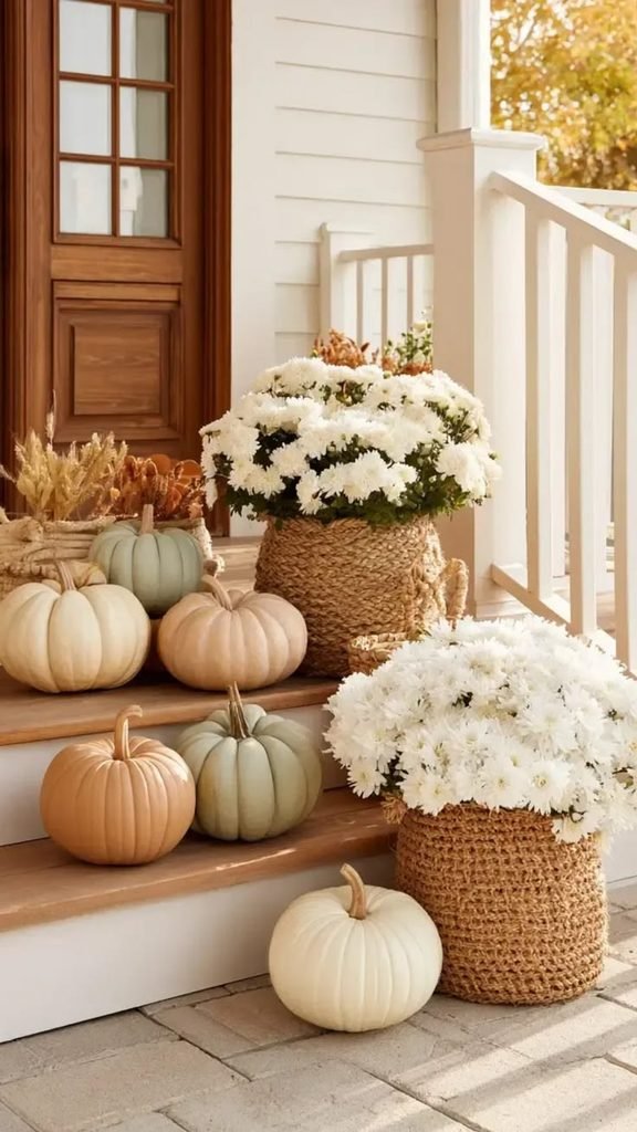 Neutral fall porch with white pumpkins and sage greenery