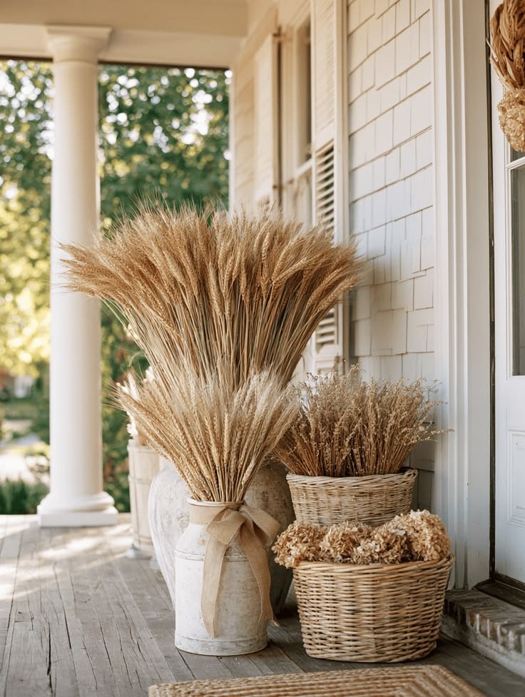 Dried wheat bundles in woven baskets on a fall porch