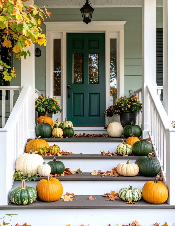 Colorful pumpkins and gourds decorating a fall porch