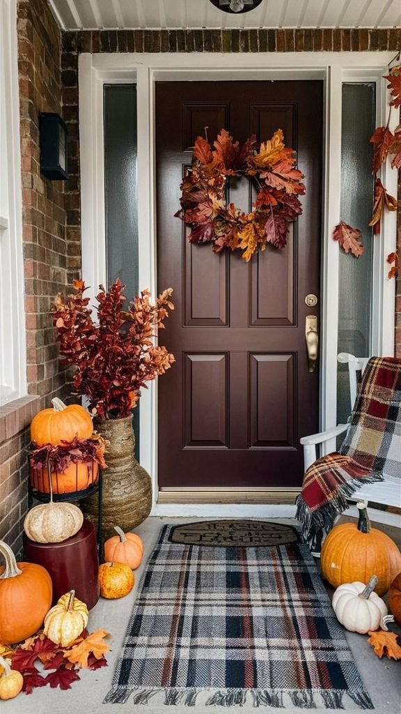 Small fall porch with vertical decor and pumpkins