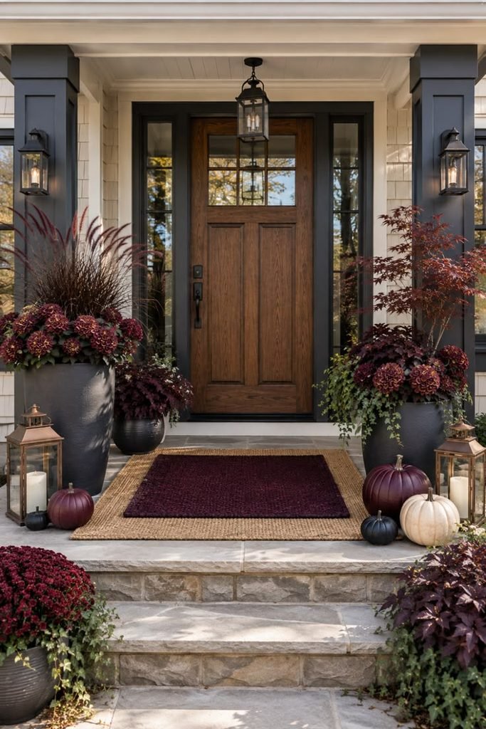 Burgundy and chocolate brown fall porch decor