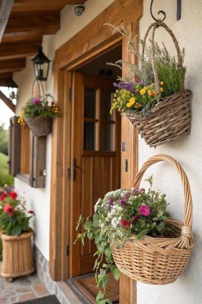 Woven baskets and natural wood fall porch decor