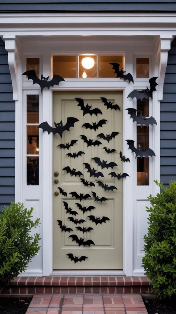 Cream front door decorated with a diagonal swarm of black paper bats for Halloween door decoration ideas.