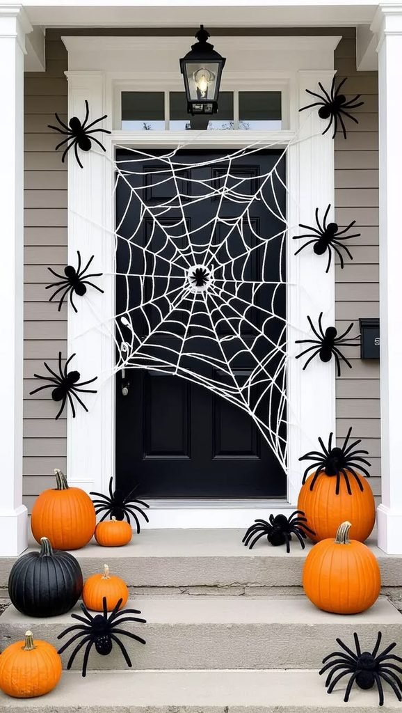 Oversized Halloween spiderweb and black spider decorating a charcoal front door.