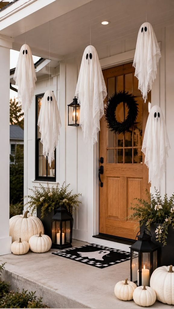 Five floating white fabric ghosts decorating a pale blue-gray Halloween front door.
