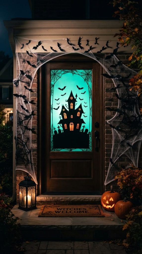 
Sage green front door decorated with black haunted house and Halloween silhouettes.