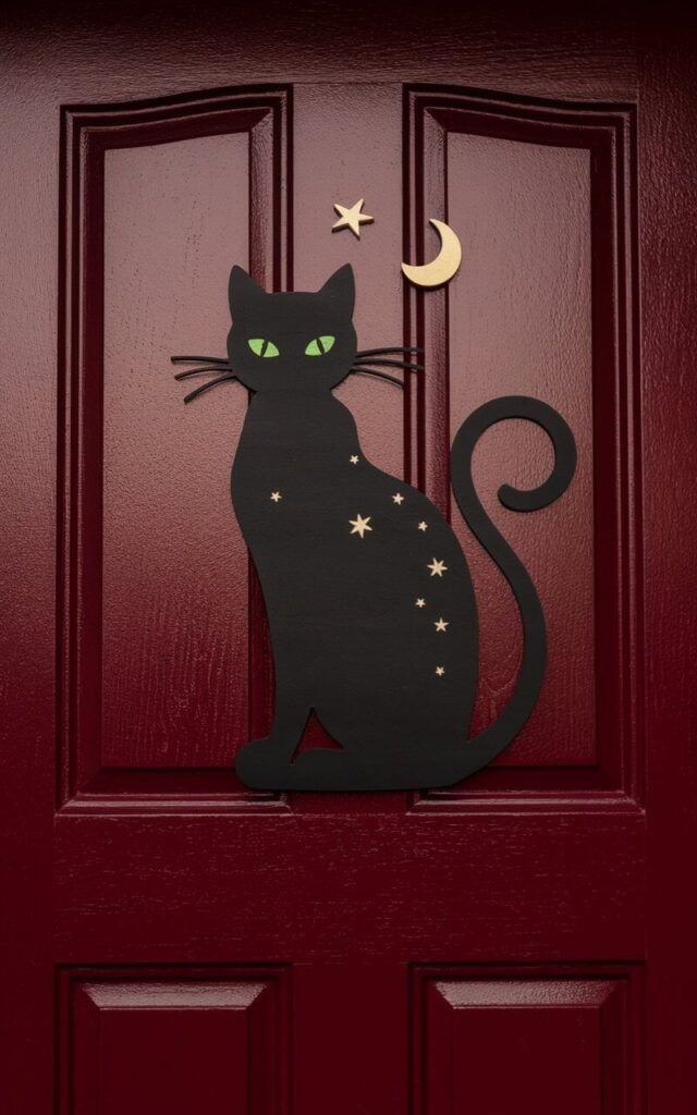 Sage green front door decorated with black haunted house and Halloween silhouettes.
