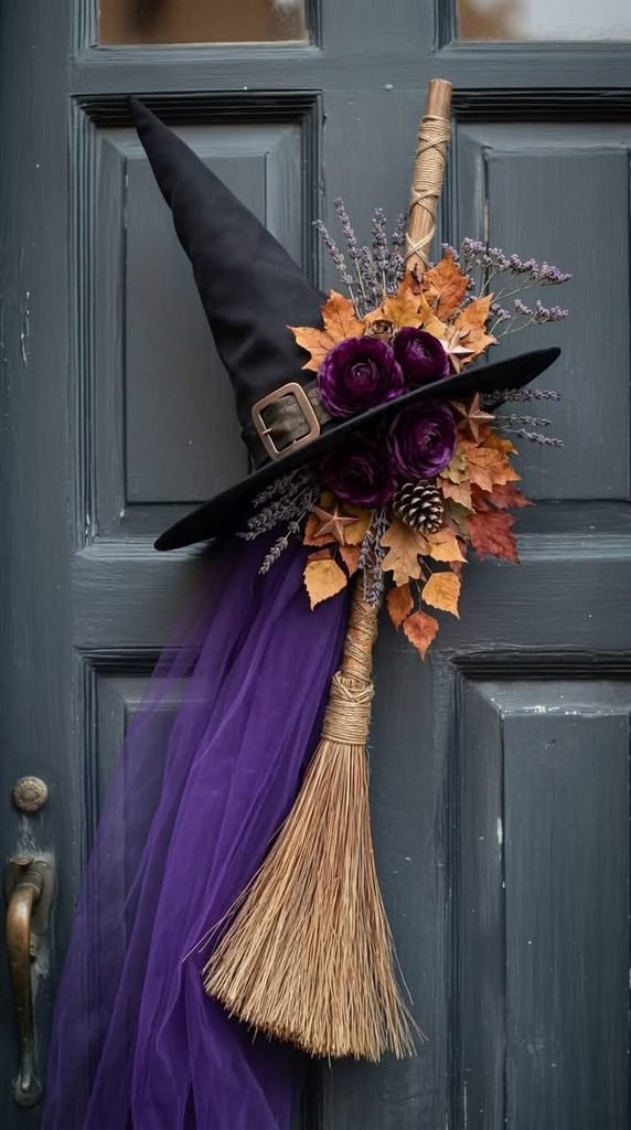 Three miniature straw witch brooms tied with a black ribbon on a front door.