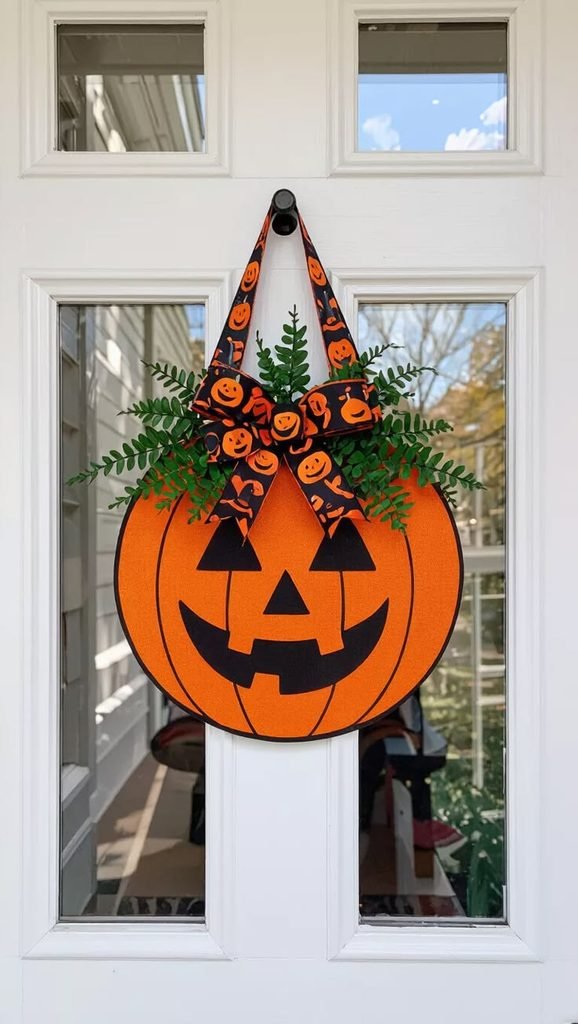 Orange wooden jack-o'-lantern door hanger with a gingham bow on a black door.