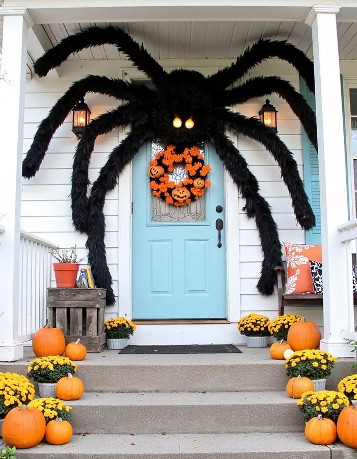 Giant black fuzzy Halloween spider with long legs decorating a sage green front door.