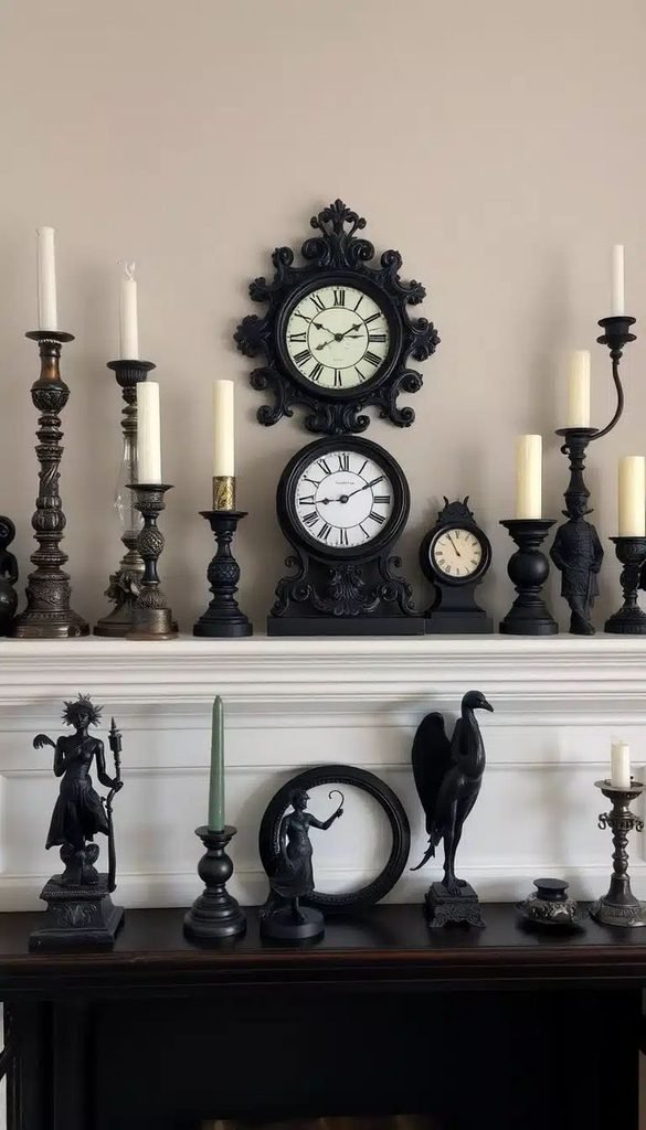 Gothic Halloween mantel with black candelabras, burgundy flowers, and an antique mirror.