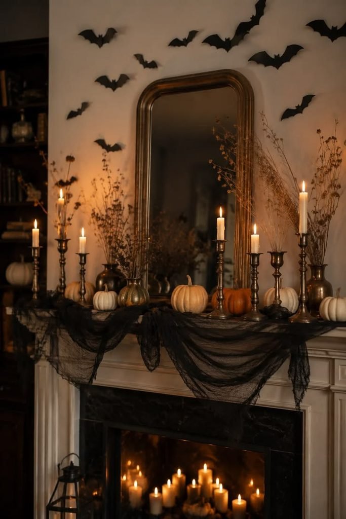 Antique gold fireplace mirror surrounded by black Halloween bats.