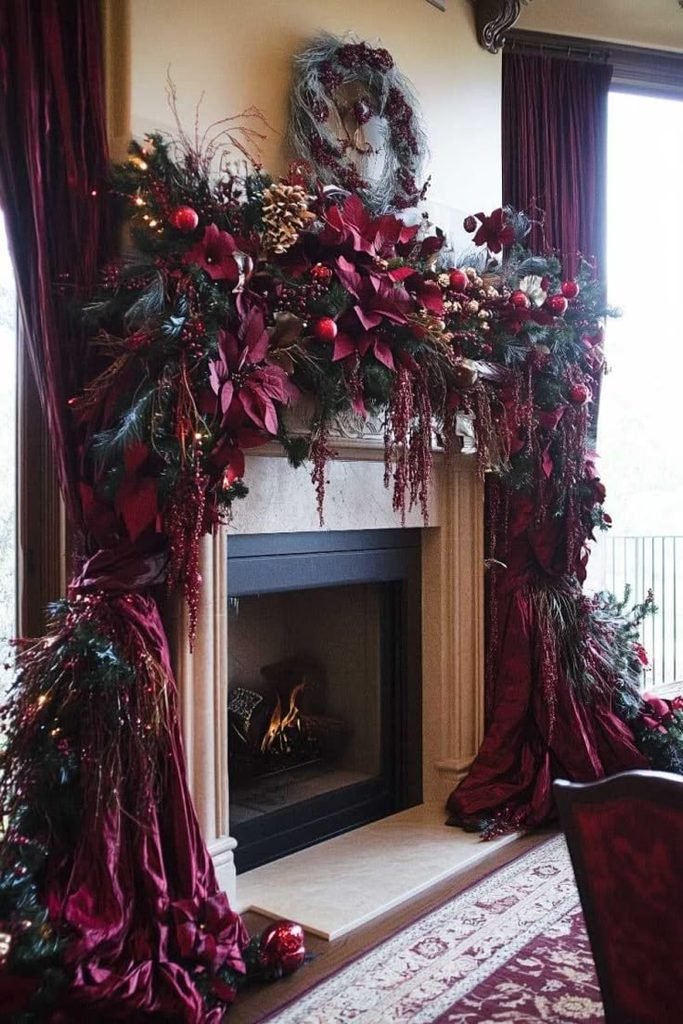 Halloween mantel decor ideas draped with a burgundy and black floral garland.