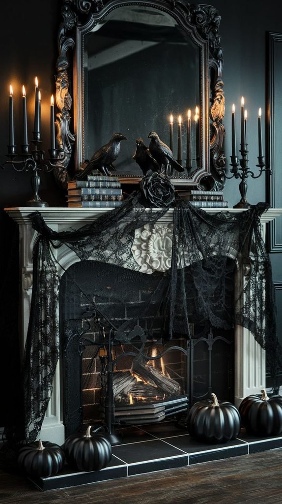 Vintage Halloween mantel with a black raven, antique books, and brass accessories.
