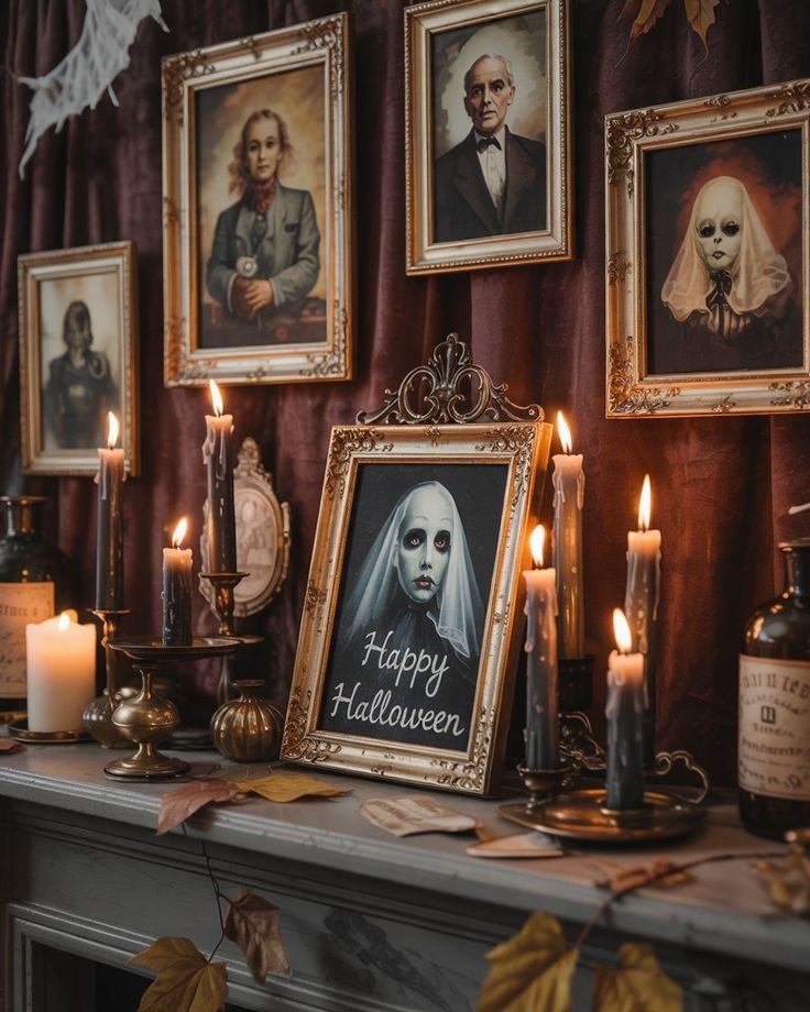 Halloween mantel with a gallery of vintage haunted portraits in ornate frames.