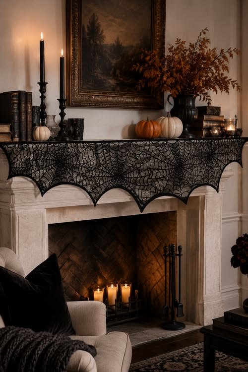 Gothic Halloween mantel decorated with black lace, dark vases, and purple flowers.