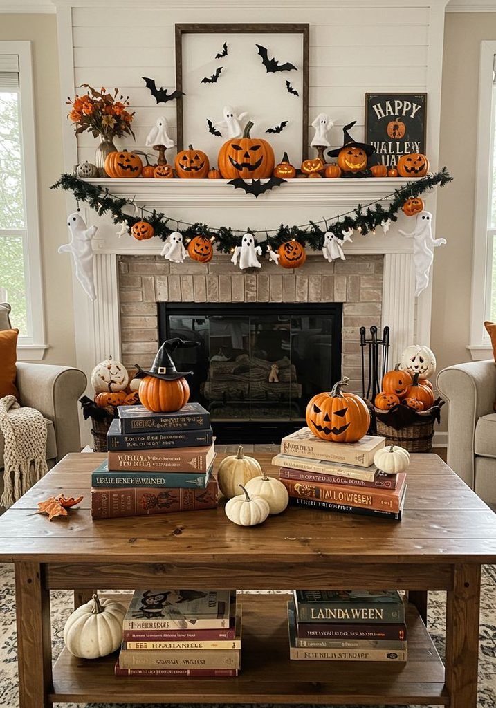 Collection of miniature orange and cream jack-o'-lanterns on a Halloween mantel.
