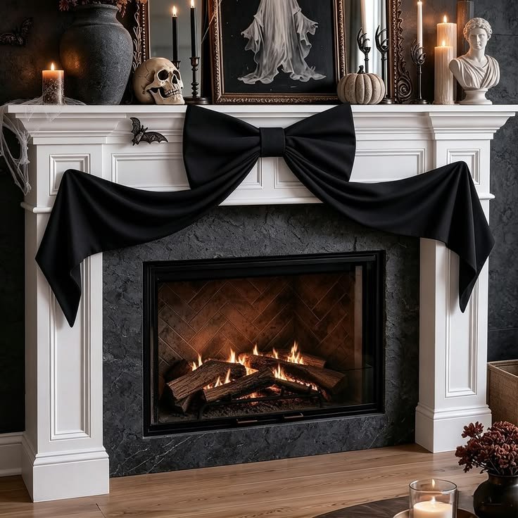 Oversized purple velvet Halloween bow decorating a fireplace mantel.