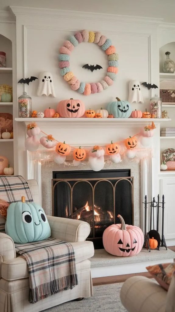 Pastel Halloween mantel with ceramic ghosts and lavender, peach, and pink pumpkins.