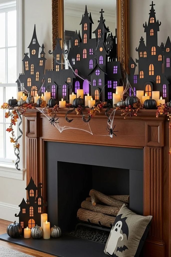 Colorful miniature Halloween village with glowing haunted houses on a mantel.