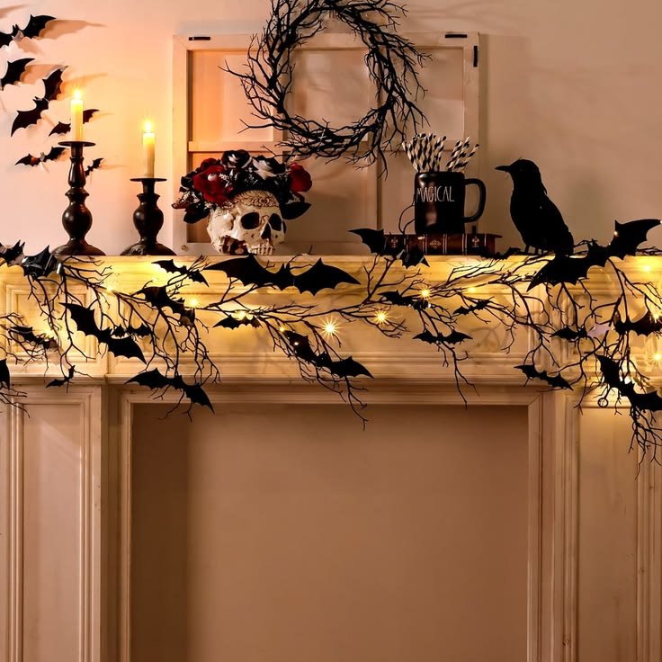 Twisted branches with hanging black bats displayed above a Halloween fireplace.