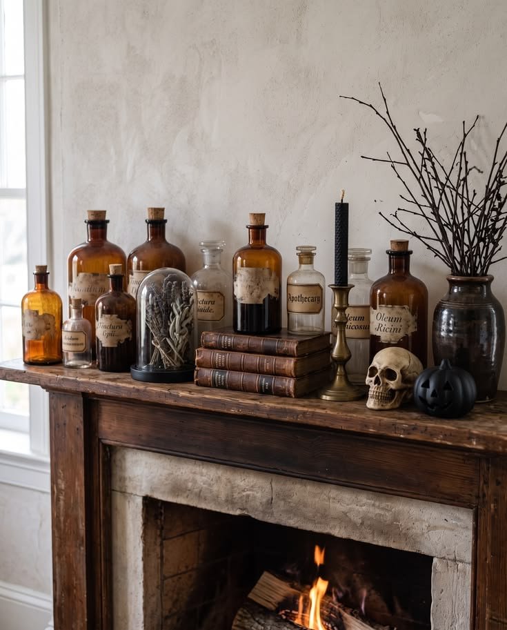 Vintage Halloween mantel with amber apothecary bottles and dried botanicals.