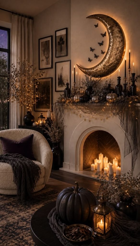 Elegant Halloween mantel featuring a gold crescent moon and dark botanical decorations.