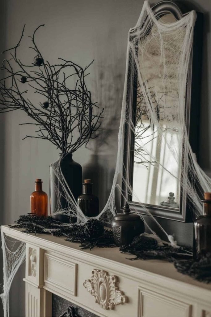 Halloween fireplace mirror decorated with an oversized spiderweb and black spider.