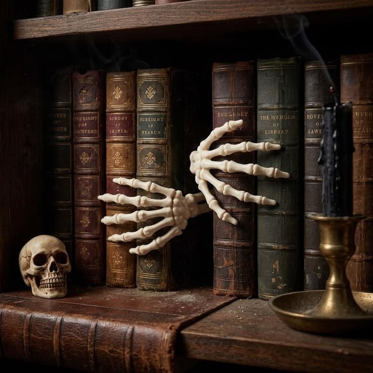 Gothic Halloween mantel with skeleton hands, antique books, and a brass clock.