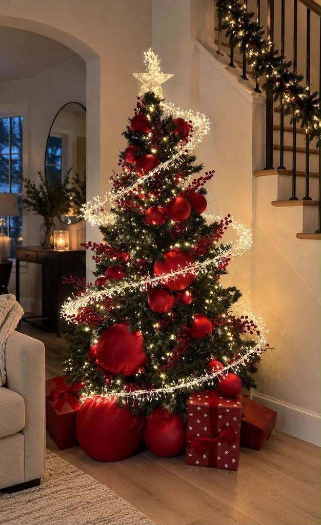 Traditional Christmas tree decorated with red velvet bows and gold ornaments in a cozy living room.