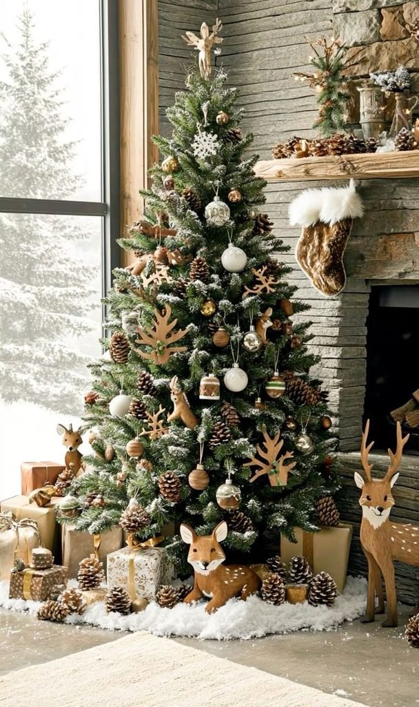 Woodland Christmas tree with pinecones, wooden mushrooms and forest animal ornaments.