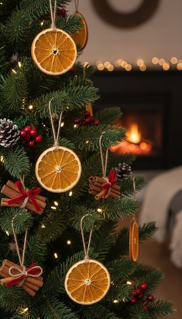 Natural Christmas tree decorated with dried orange slices, cinnamon bundles and wooden stars.