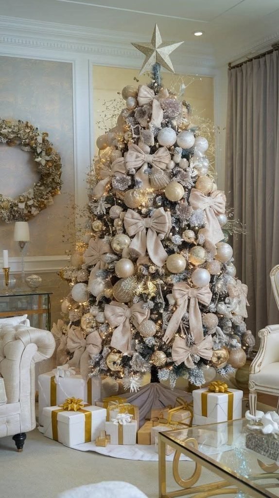 Elegant white and champagne Christmas tree with ivory ribbons and frosted glass ornaments.