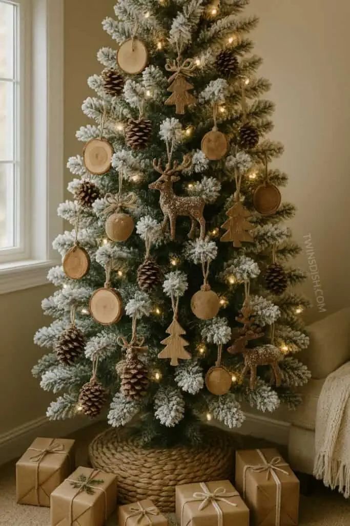 Rustic Christmas tree decorated with wooden stars, miniature houses and cotton bows.
