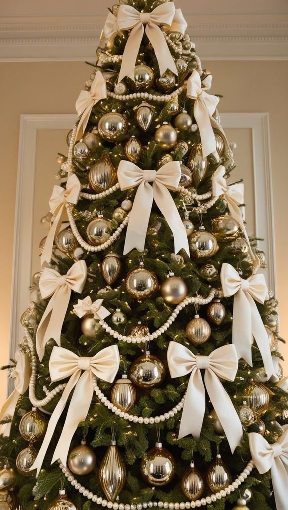 Romantic Christmas tree decorated with ivory satin bows and pearl ornaments.